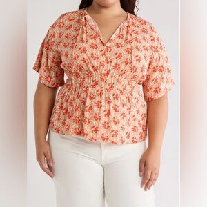 JOIE RENAE PEPLUM FLORAL BLOUSE V-NECK WOMENS SHORT SLEEVE ORANGE/CREAM SIZE 0X